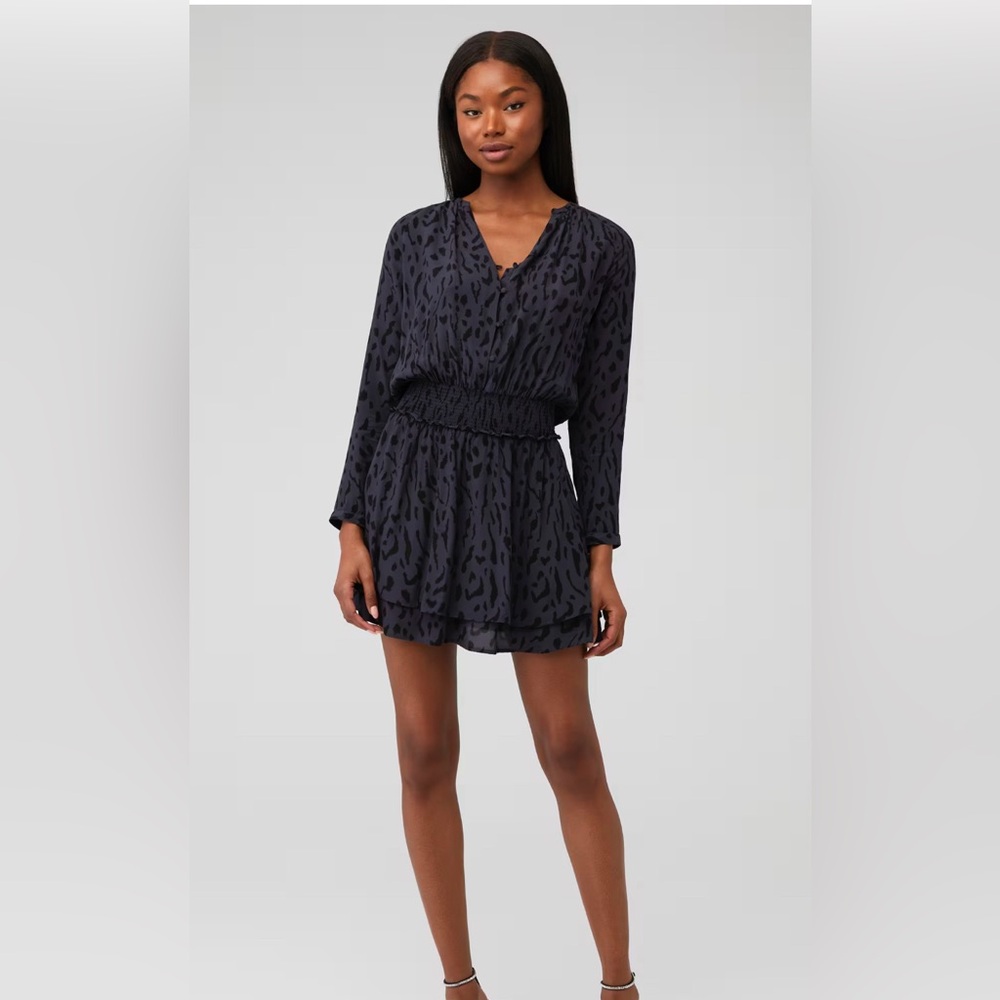 Rails Jasmine Dress Ash Cheetah Smocked Waist Long Sleeve